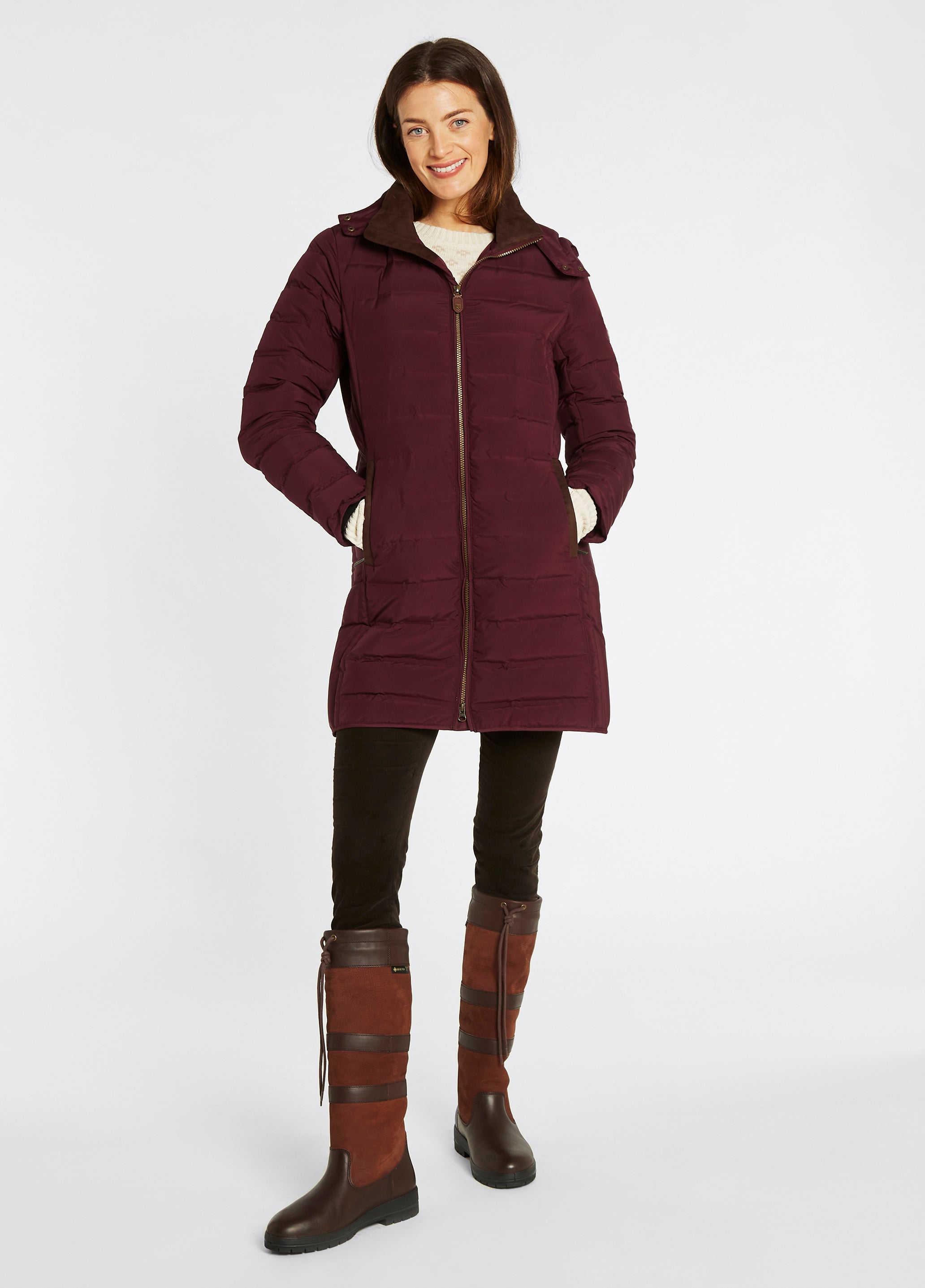 Dubarry Ladies Ballybrophy Three-Quarter Length Down Filled Coat in Oxblood