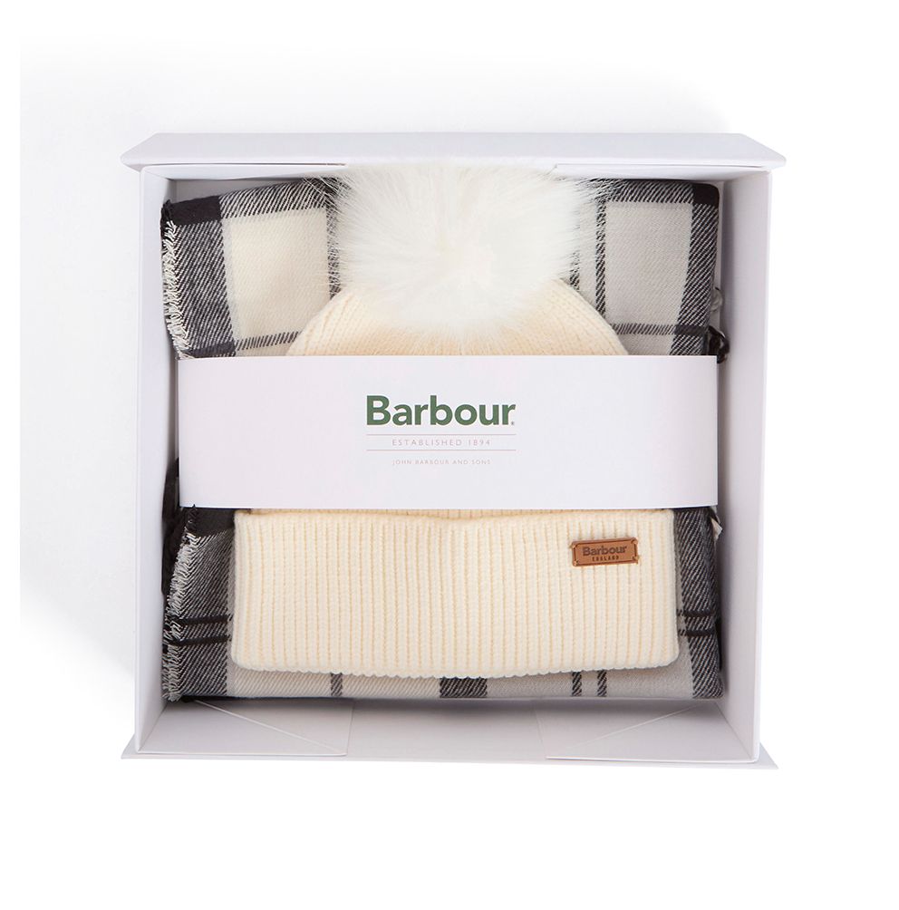 Barbour Ladies Dover Beanie & Hailes Scarf Gift Set in Monochrome Tartan