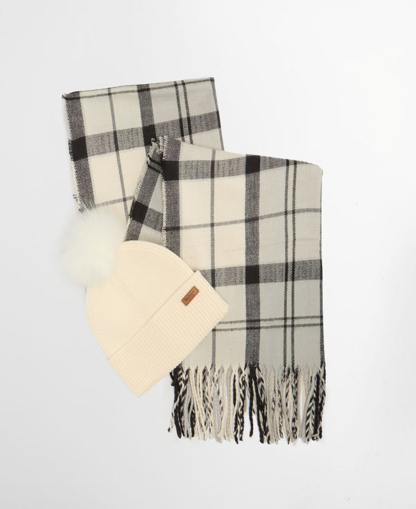 Barbour Ladies Dover Beanie & Hailes Scarf Gift Set in Monochrome Tartan