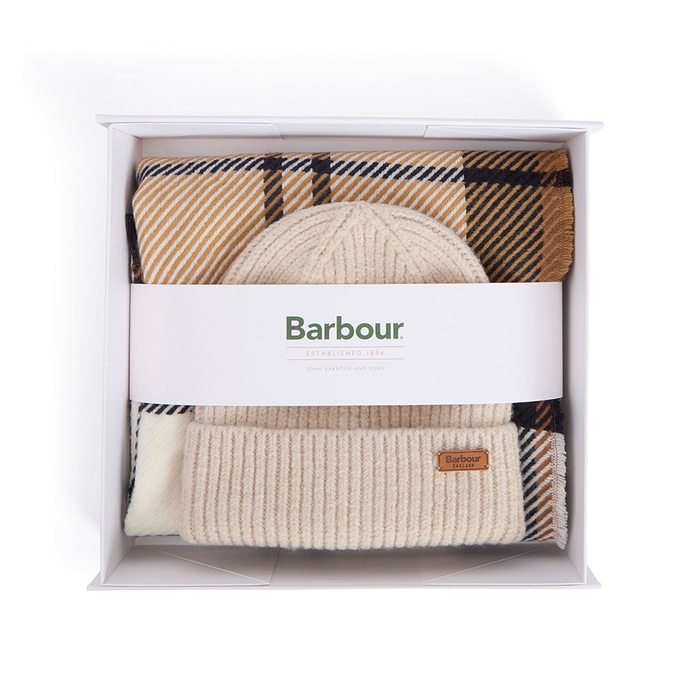 Barbour Ladies Pendle Beanie & Blair Scarf Gift Set in Hessian Navy